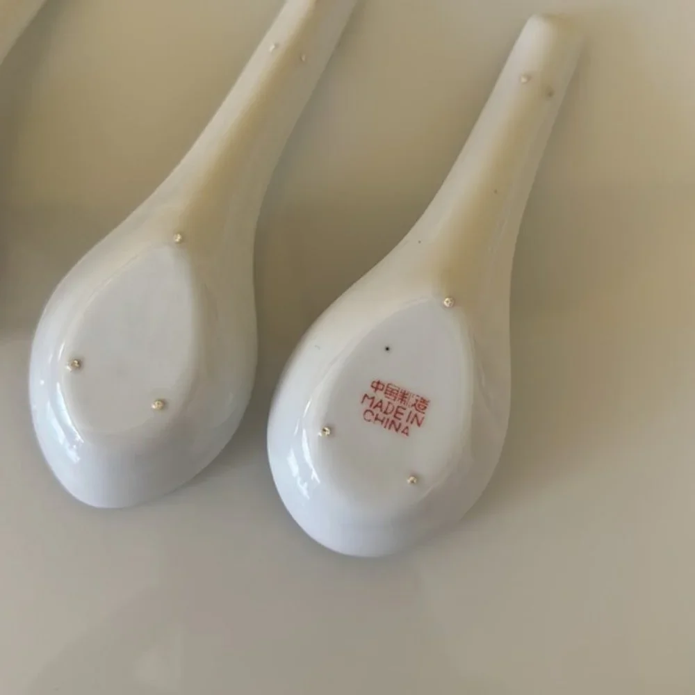 China Jingdezhen Wanshou Porcelain Soup Spoons Yellow Hand Painted Set of 7